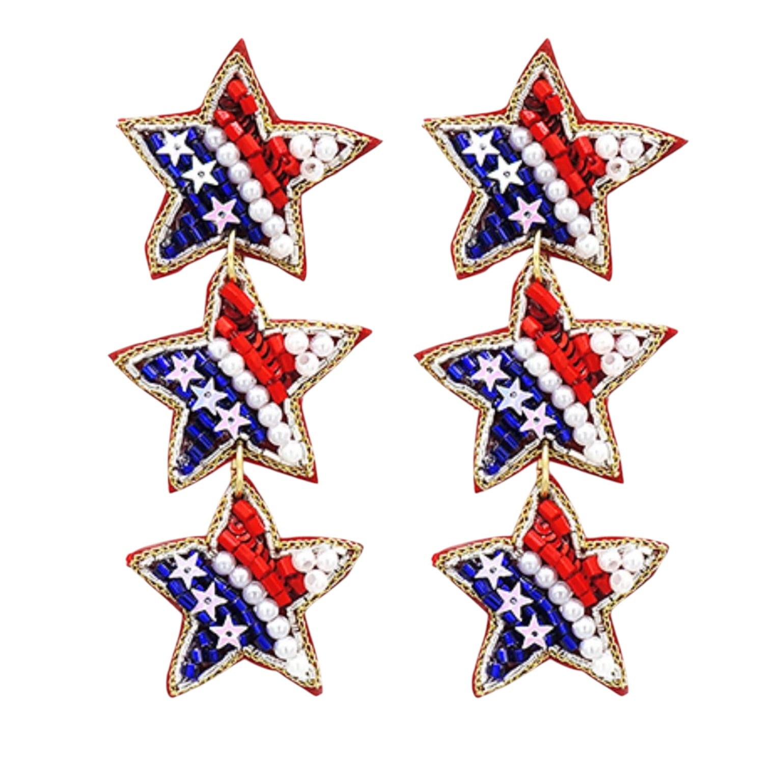 Set of star-shaped earrings with red, white, and blue design on a white background