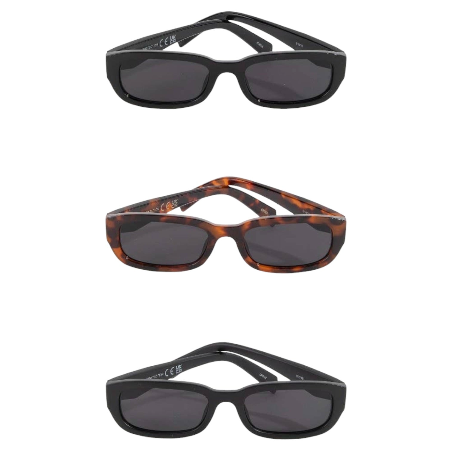 Three pairs of sunglasses with different frames on a white background