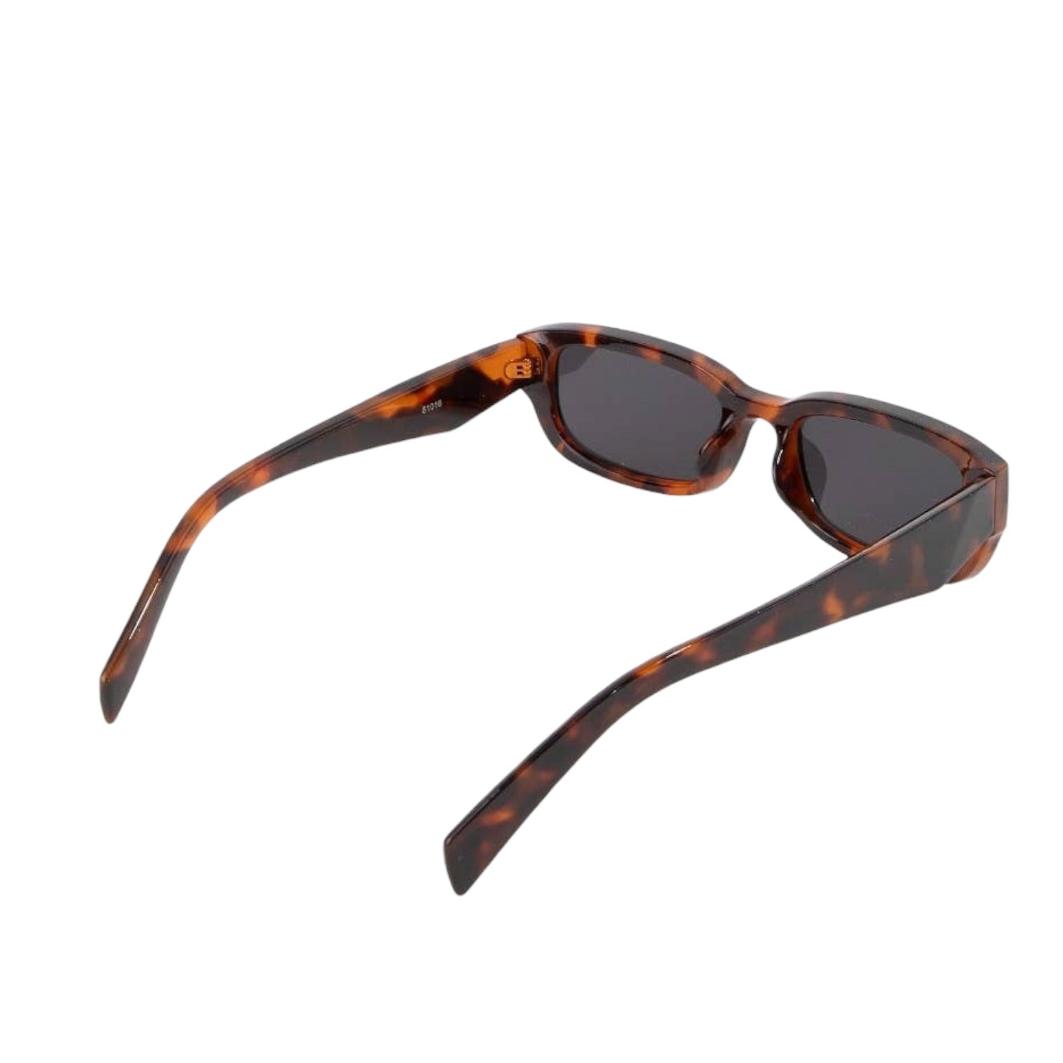 Sunglasses with tortoiseshell frame and dark lenses on a white background