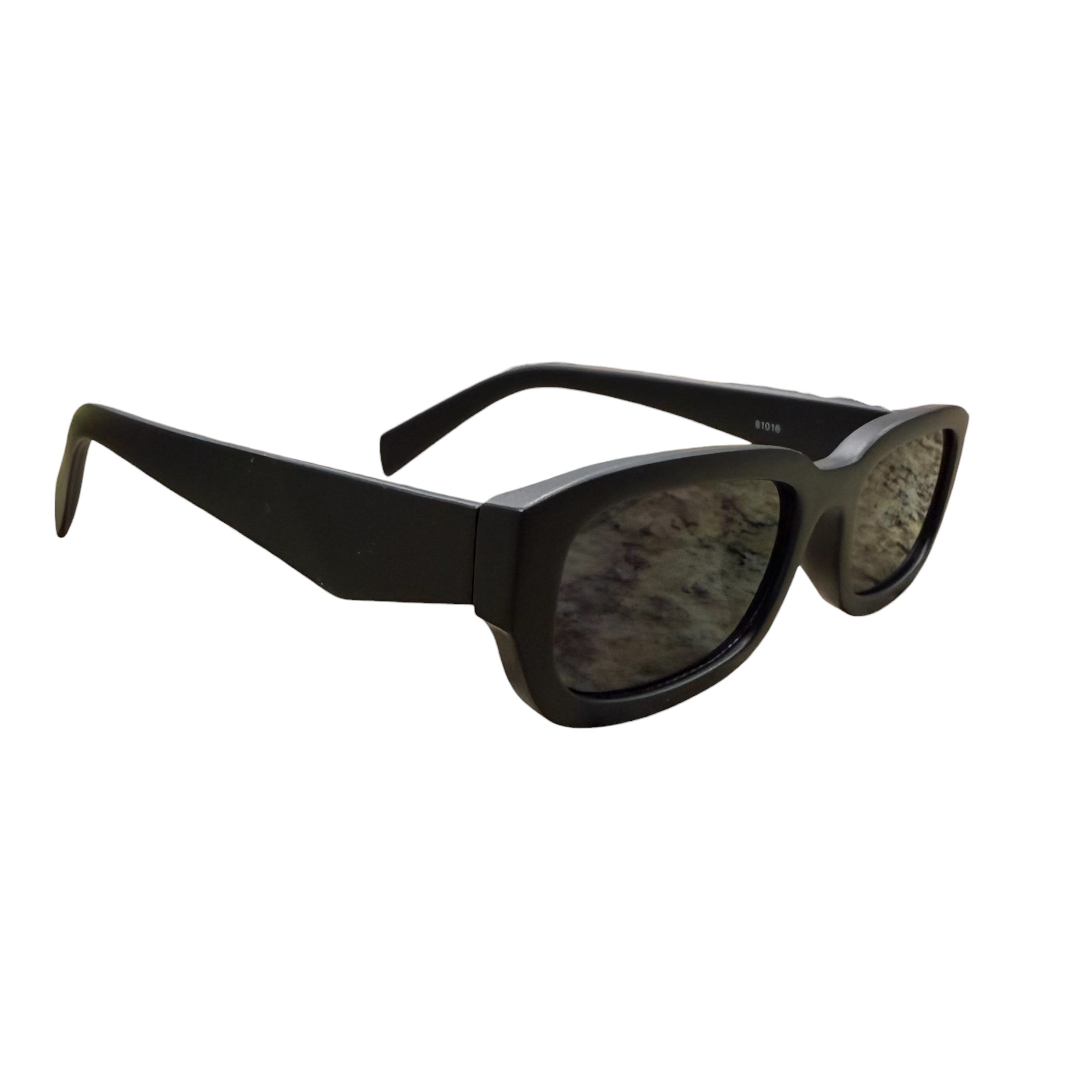 Black sunglasses with dark lenses on a white background