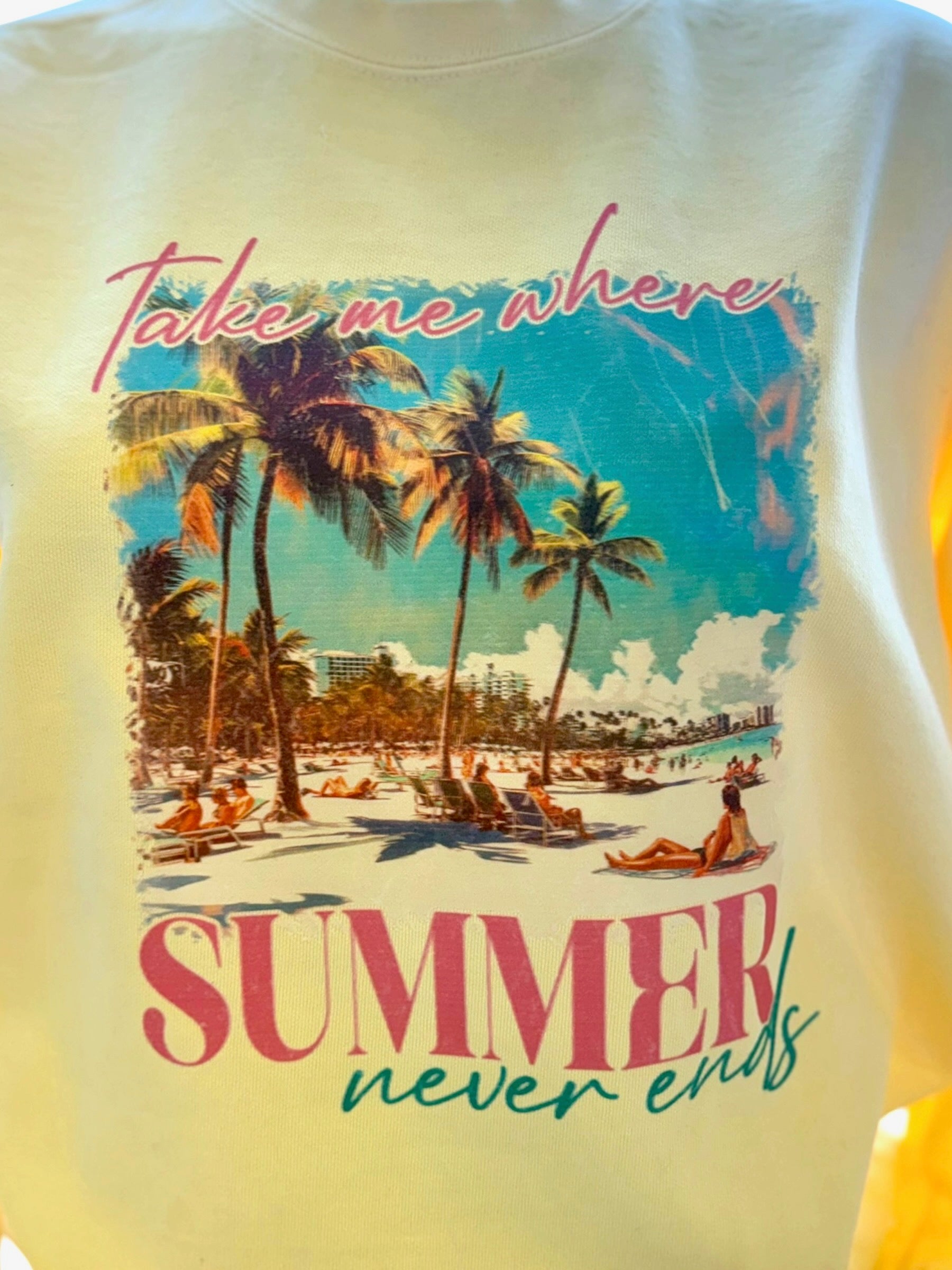 T-shirt with a beach scene and 'Take me where Summer never ends' text.