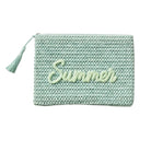 Crocheted pouch with 'Summer' text on a light wooden surface with decorative elements.