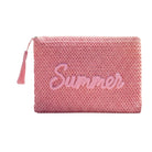 Pink textured pouch with 'Summer' embroidery on a white background