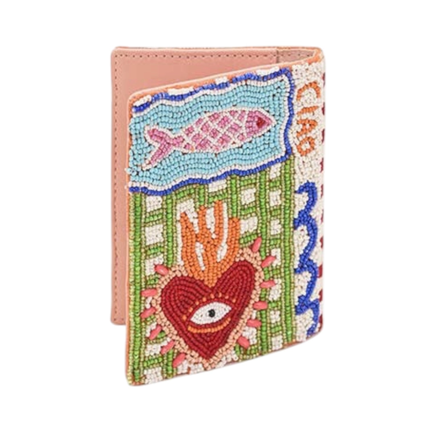 Colorful beaded passport holder with fish and heart design on a white background