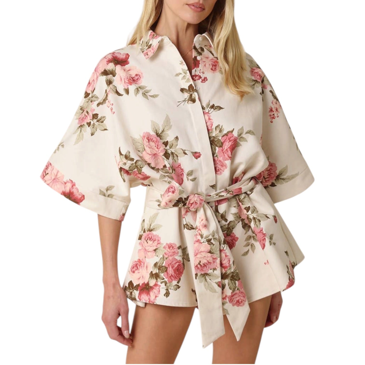 Floral robe worn by a model on a white background