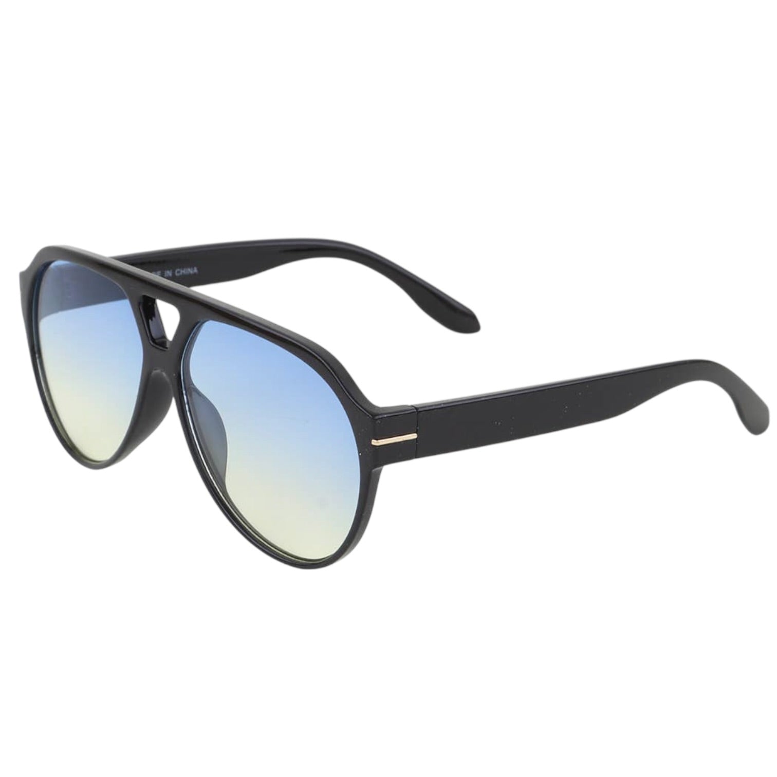 Black sunglasses with blue gradient lenses on a white background