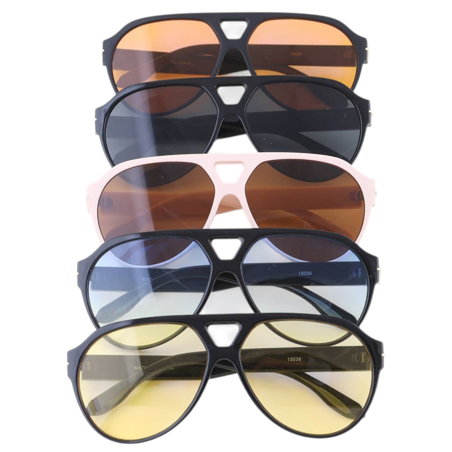 Four pairs of sunglasses with different lens colors and frames on a white background