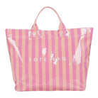 Striped tote bag with pink and yellow horizontal stripes on a white background