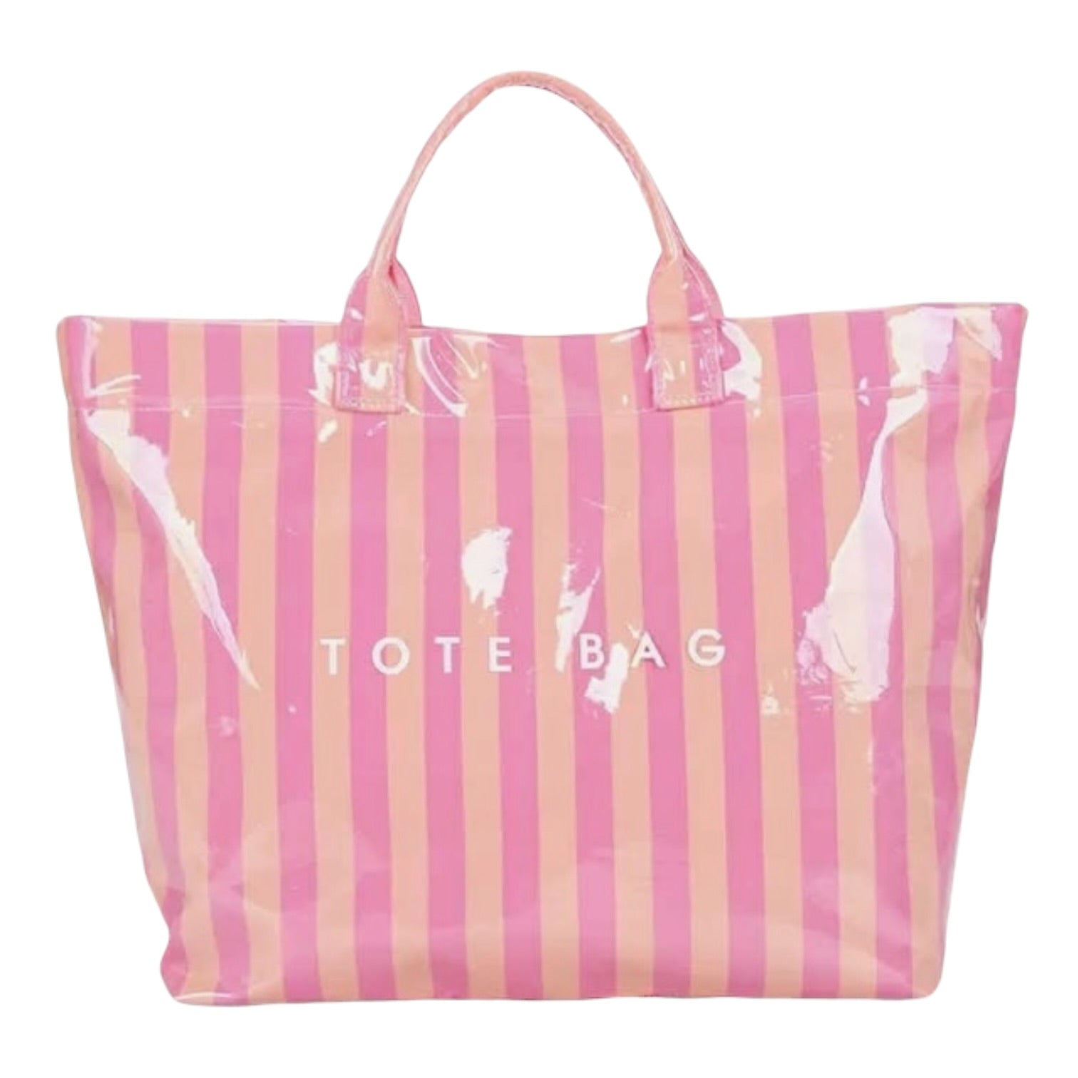 Striped tote bag with pink and yellow horizontal stripes on a white background