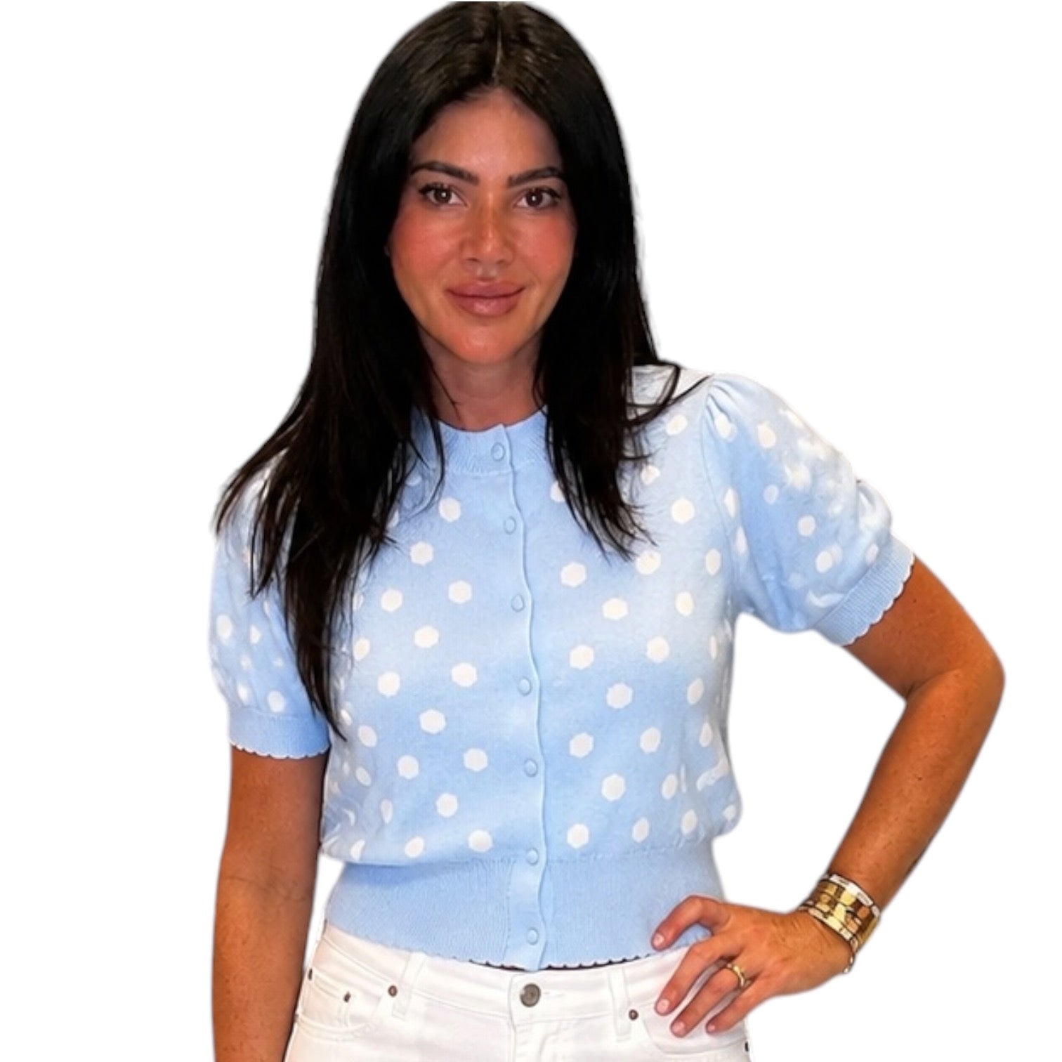 a woman wearing a blue and white polka dot short sleeve puff sleeve cardigan on white background