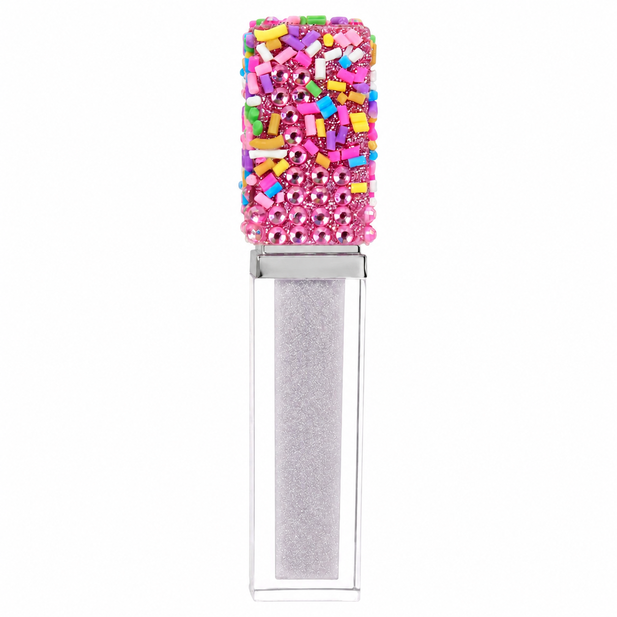A clear rectangular lip gloss tube filled with silver glitter, topped with a colorful sprinkle-patterned cap featuring pink rhinestones and multicolored beads, shown on a white background.
