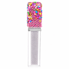 A clear rectangular lip gloss tube filled with silver glitter, topped with a colorful sprinkle-patterned cap featuring pink rhinestones and multicolored beads, shown on a white background.