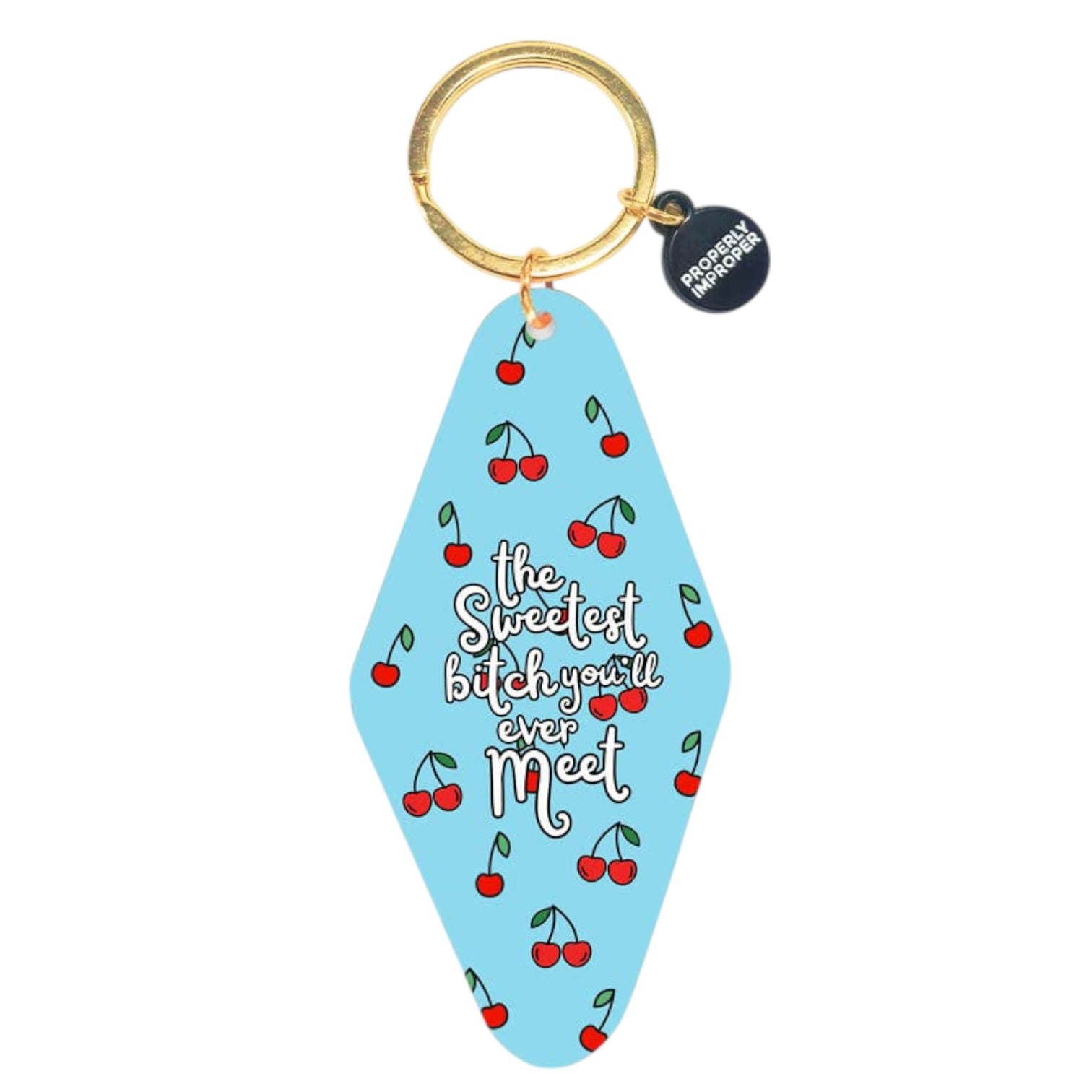 Keychain with cherry design and text on a blue background