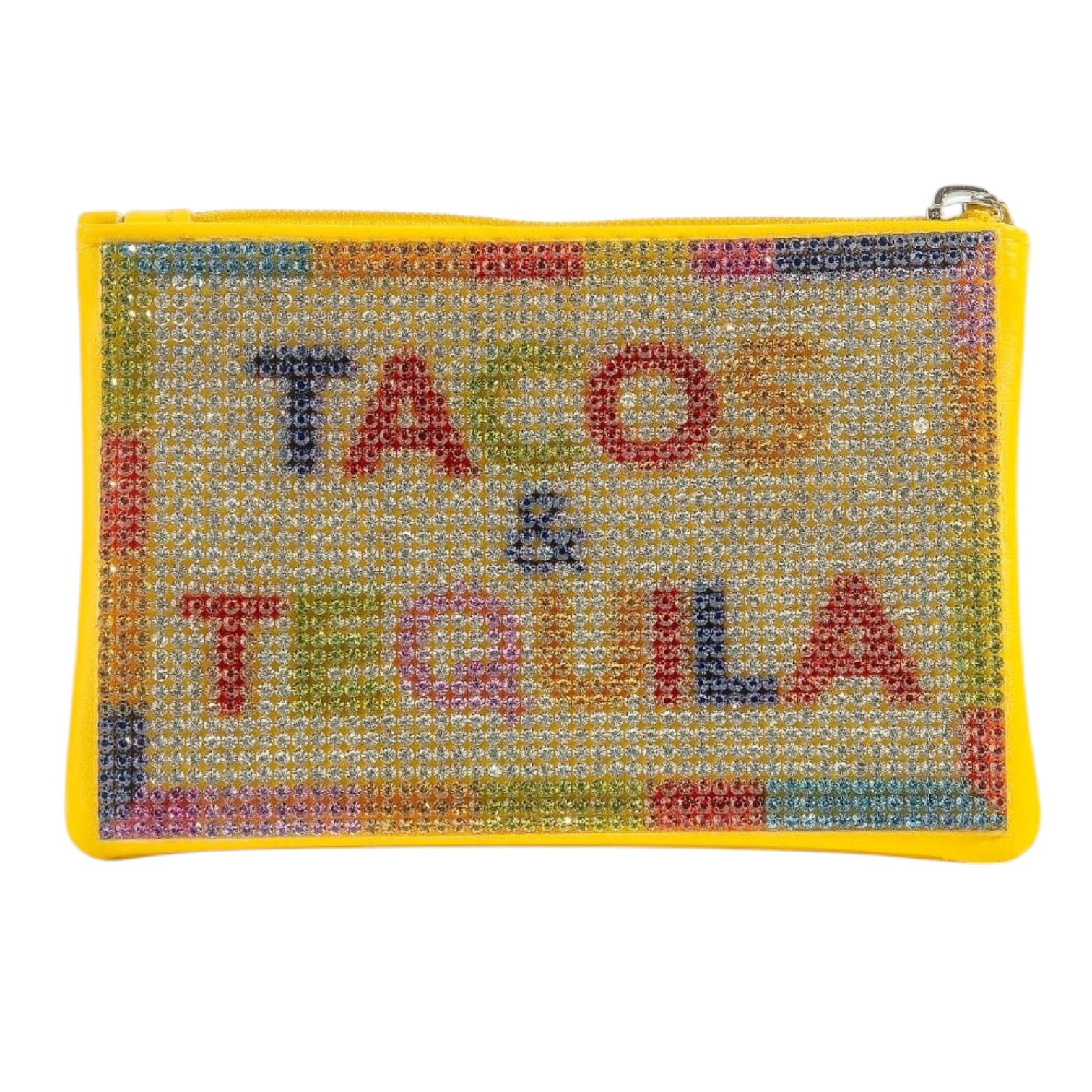 Colorful pouch with 'Tacos & Tequila' text on a white background