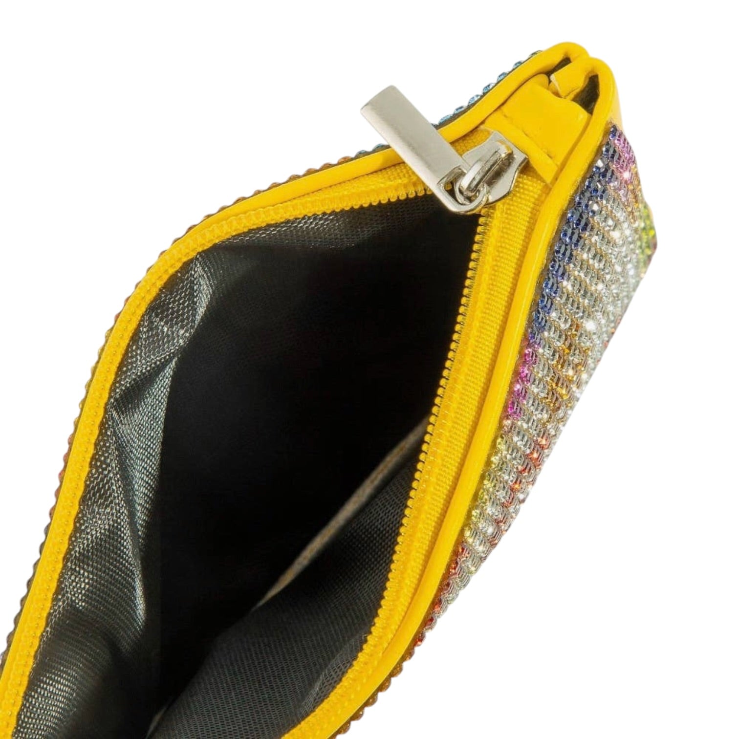 Yellow zippered pouch with multicolored embellishments on a white background