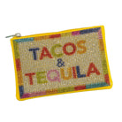 Colorful pouch with 'Tacos & Tequila' text on a white background