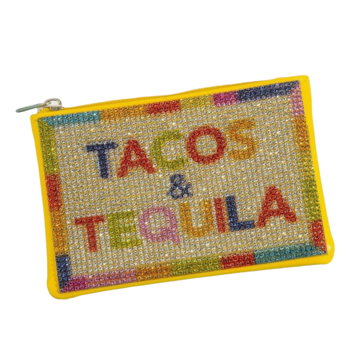 Colorful pouch with 'Tacos & Tequila' text on a white background