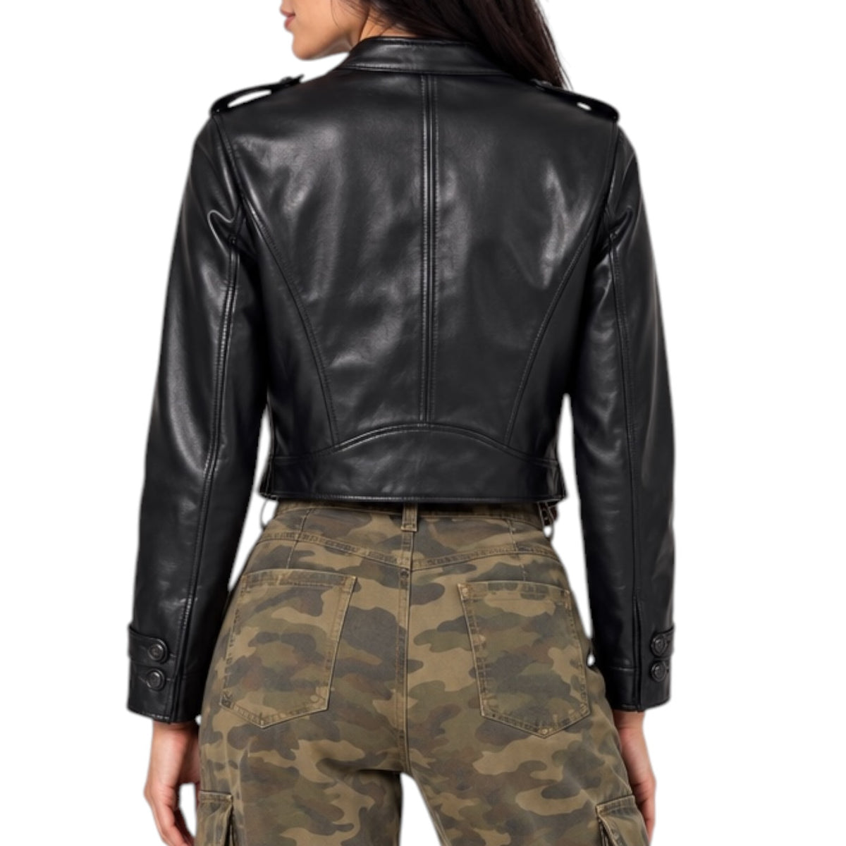 A woman shown from the back wearing a black faux-leather moto jacket and olive green camouflage cargo pants against a plain white background.