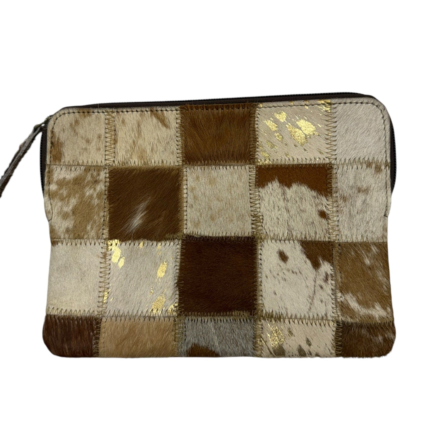 A rectangular zip-around clutch bag made of patchwork cowhide in shades of brown, beige, and white, with small scattered gold leaf accents, shown on a plain white background.