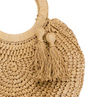 Beige woven handbag with tassels on a white background