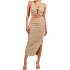 woman wearing taupe knit halter midi dress on white background