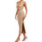 woman wearing taupe knit halter midi dress on white background