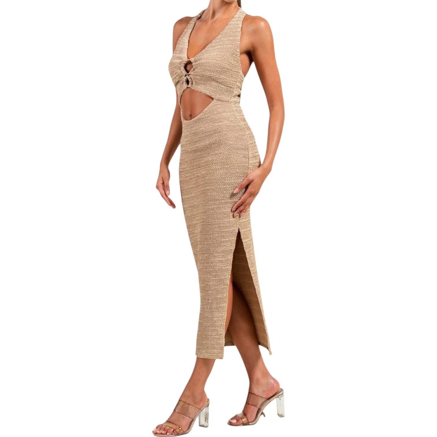 woman wearing taupe knit halter midi dress on white background