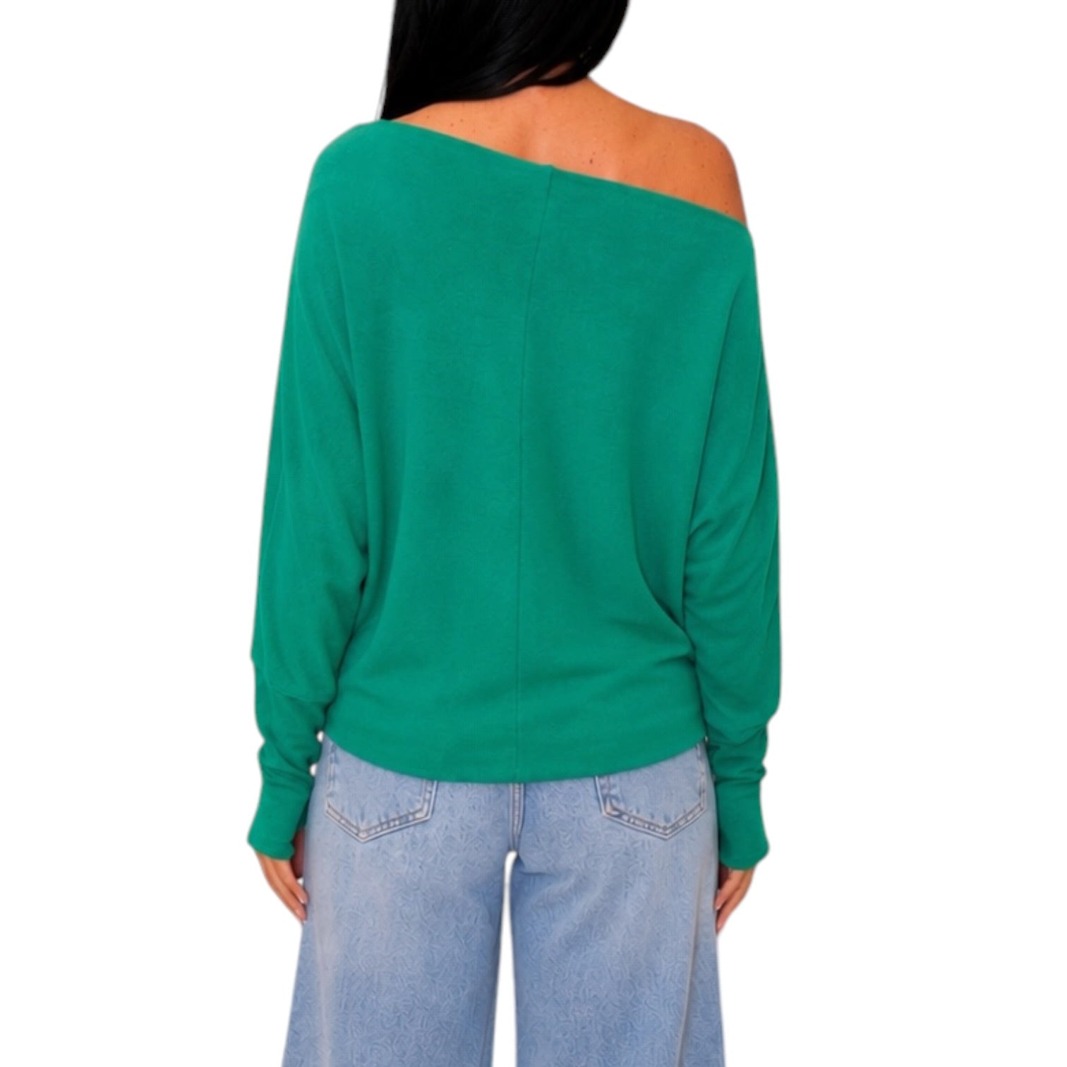 A woman shown from the back wearing a bright green off-the-shoulder long-sleeve sweater and light blue jeans against a plain white background.