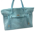 Light blue textured tote bag with straps on a white background