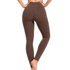 A person modeling high-waisted, full-length leggings in a solid dark brown color, shown from the back against a plain white background.