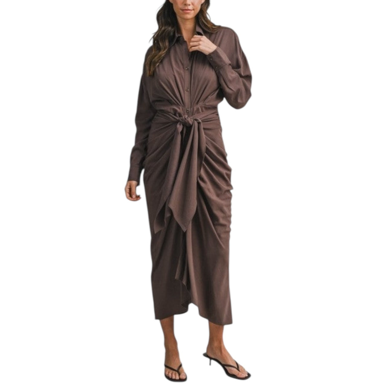 Woman wearing a brown wrap dress on a white background