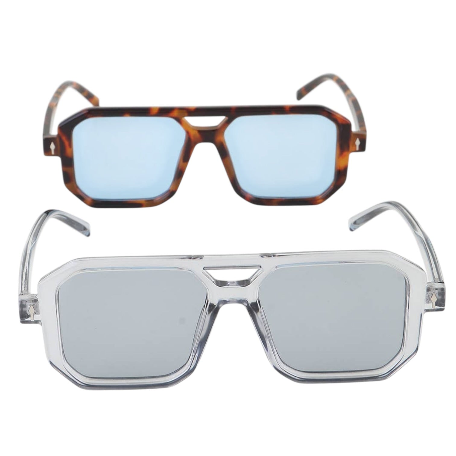Two pairs of sunglasses with different frame designs on a white background
