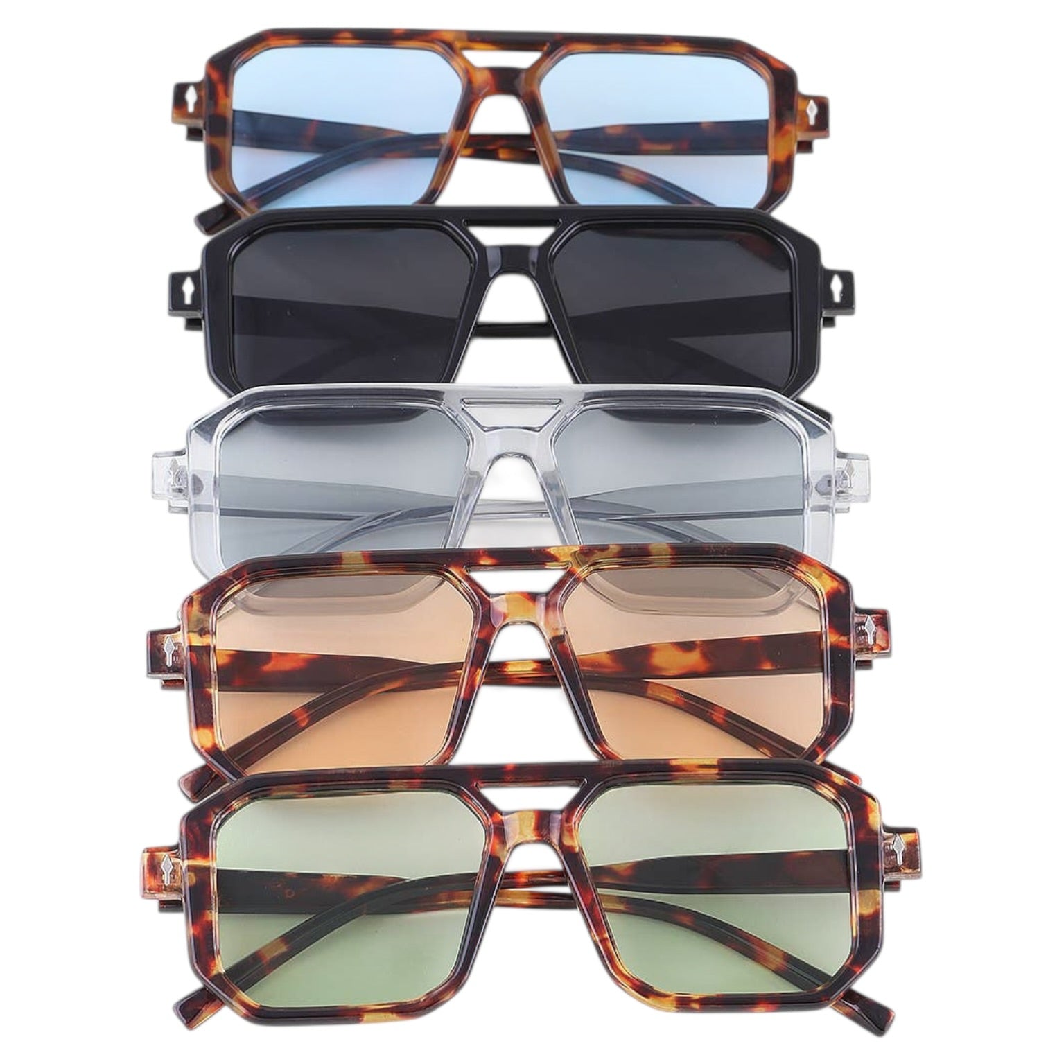 Stack of sunglasses with different frame designs and lens colors on a white background