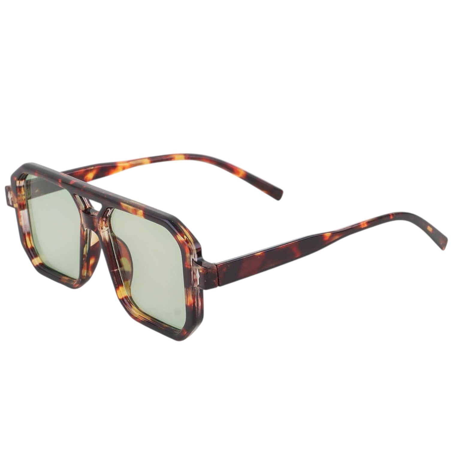 Sunglasses with tortoiseshell frame and green lenses on a white background