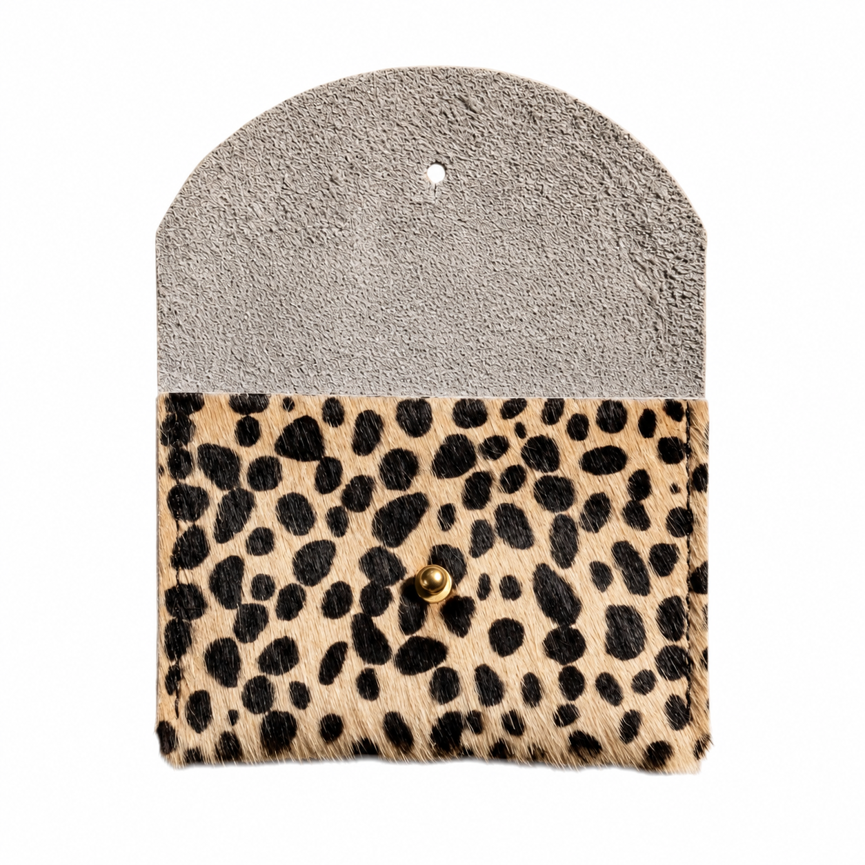 A small cardholder with a split design: a textured light gray suede-like top flap and a tan cowhide lower section with black leopard spots, secured by a small gold snap.