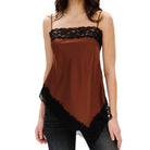 Brown top with black lace details on a white background