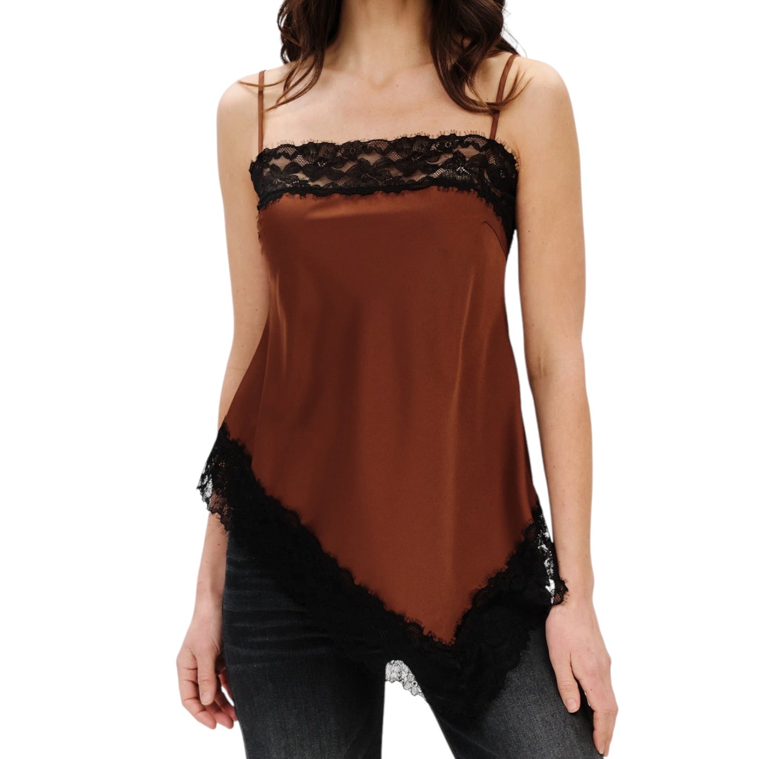 Brown top with black lace details on a white background