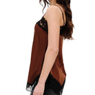 Brown sleeveless top with black lace trim on a white background
