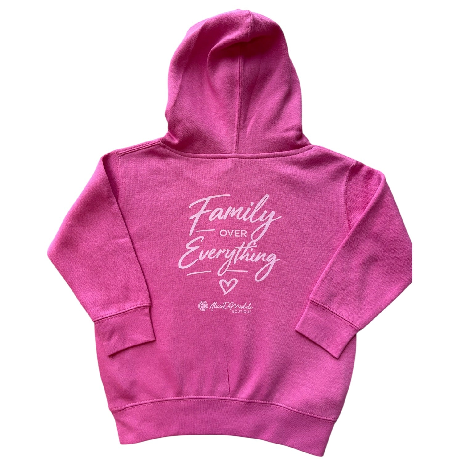 Pink hoodie with 'Family Over Everything' text on a white background