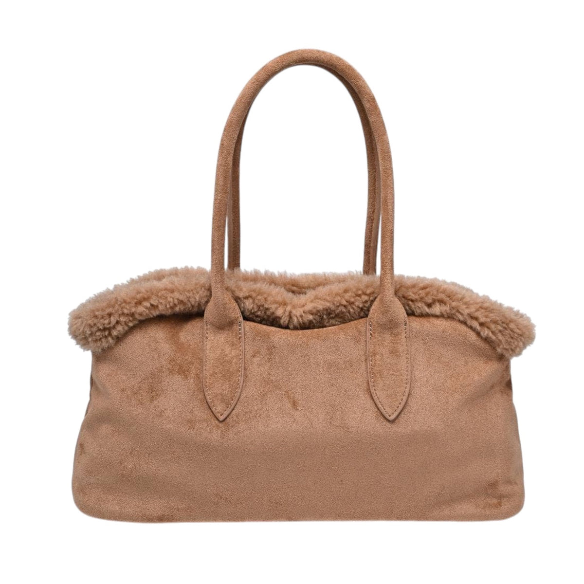 A tan suede handbag with a plush, fluffy shearling-style trim along the top edge and double top handles, shown against a plain white background.
