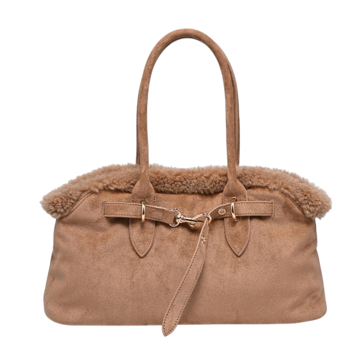 A tan suede handbag with a plush brown shearling-style lining and trim, featuring dual top handles, a front strap detail, and gold-tone hardware, shown against a plain white background.