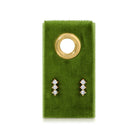 Pair of diamond stud earrings on a green velvet card with a gold ring.