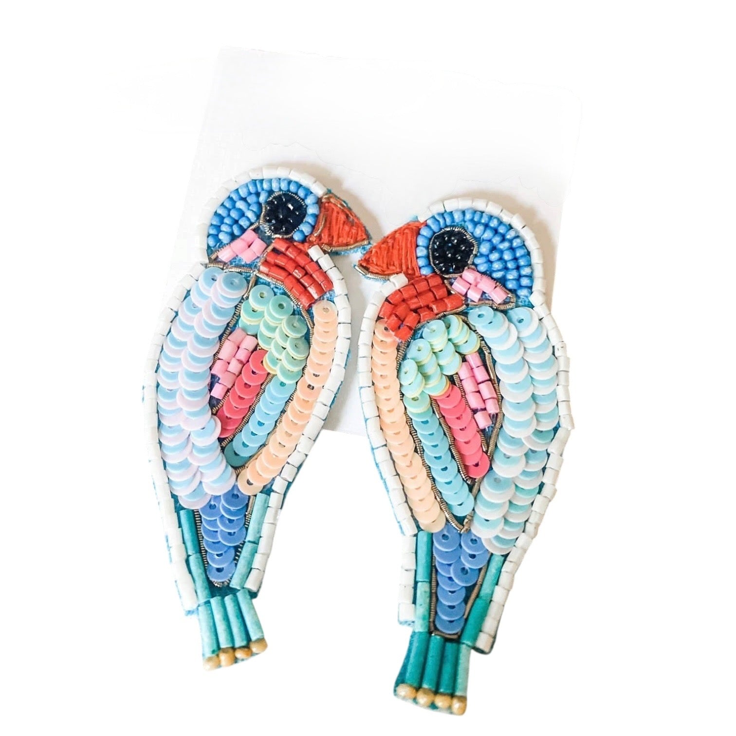 Colorful beaded bird earrings on a white background