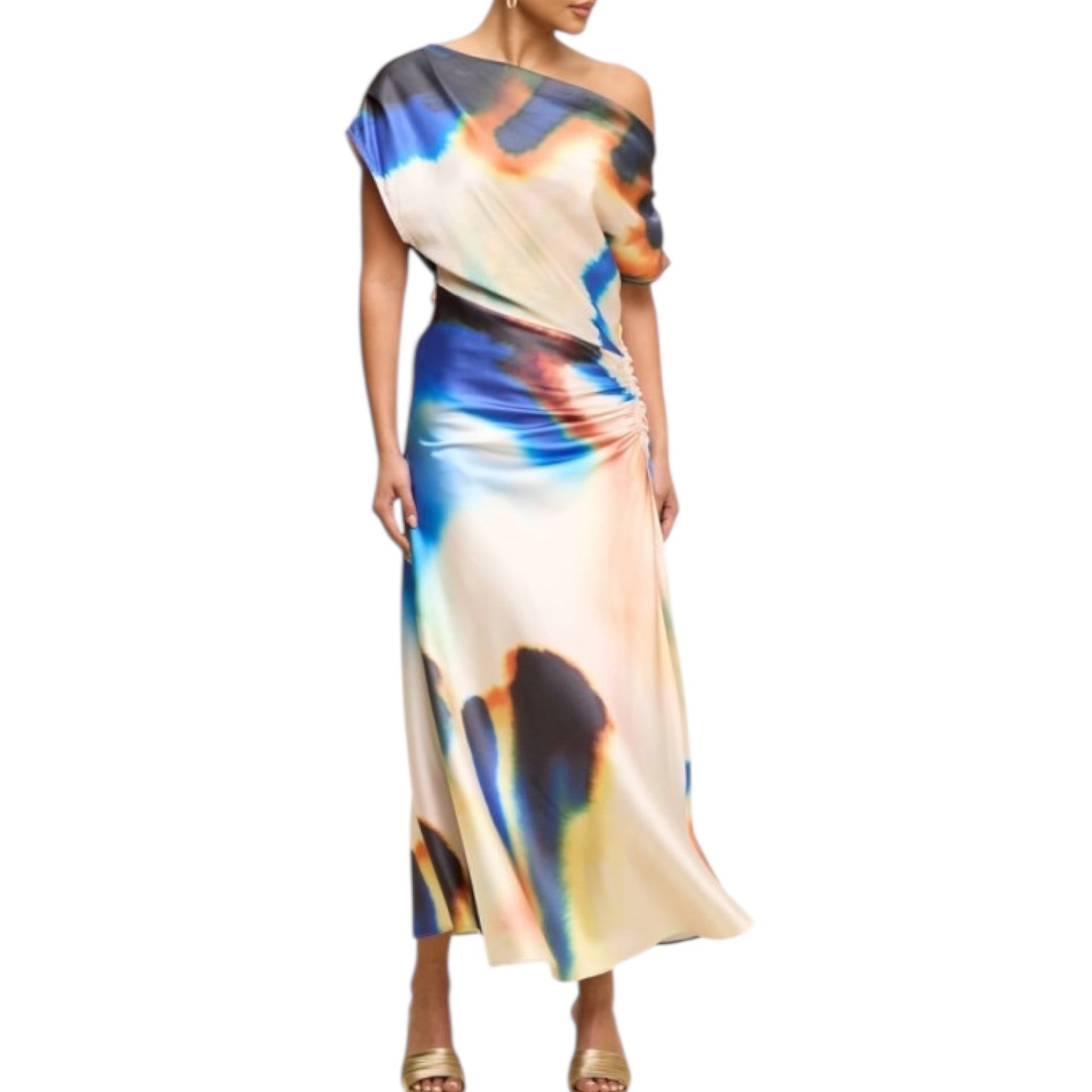 Multicolored one-shoulder dress on a white background