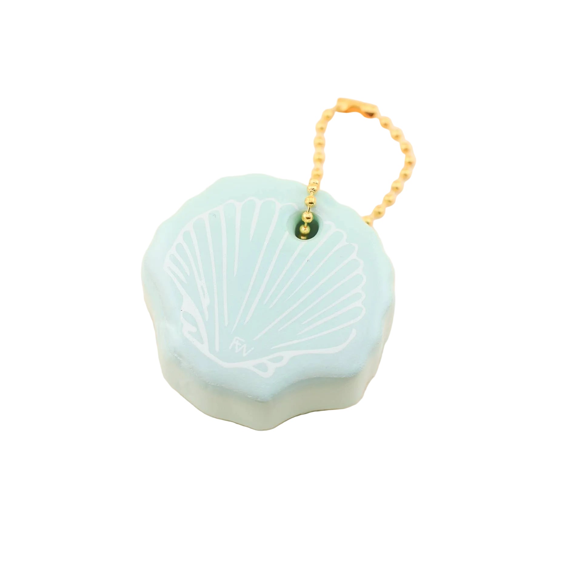 Light blue shell-shaped keychain with gold chain on a white background