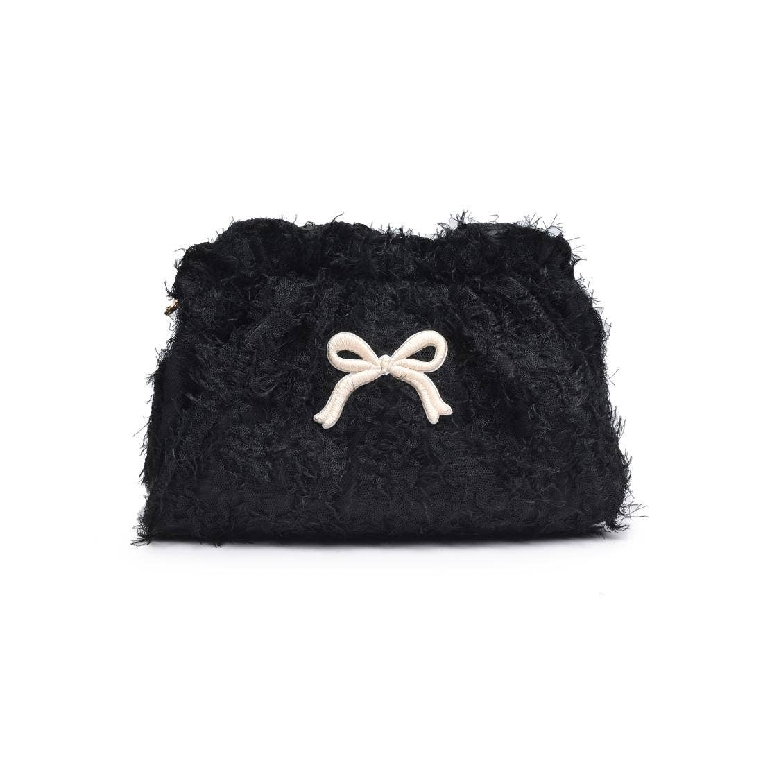 Black fluffy pouch with a white bow on a white background
