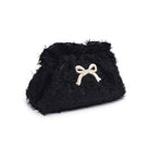 Black fluffy pouch with a white bow on a white background