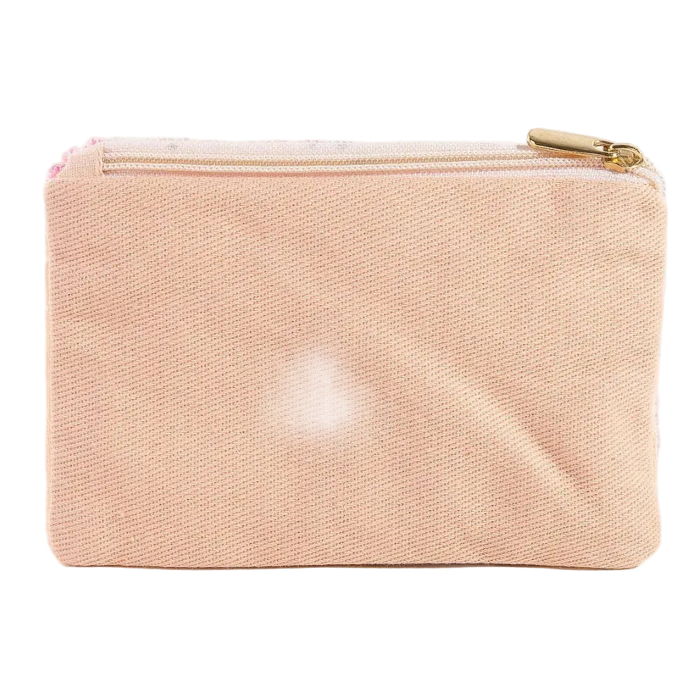 Beige pouch with a gold zipper on a white background