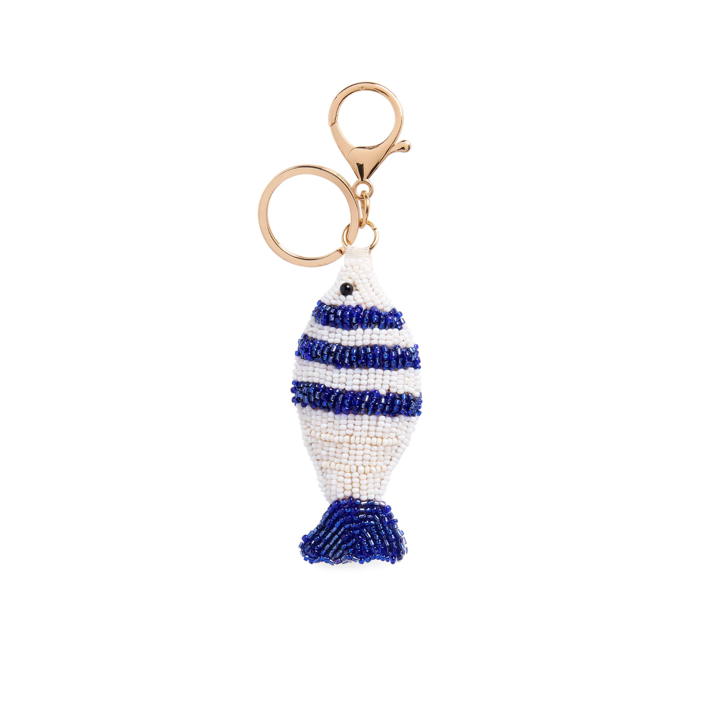 Beaded fish keychain with blue and white stripes on a white background