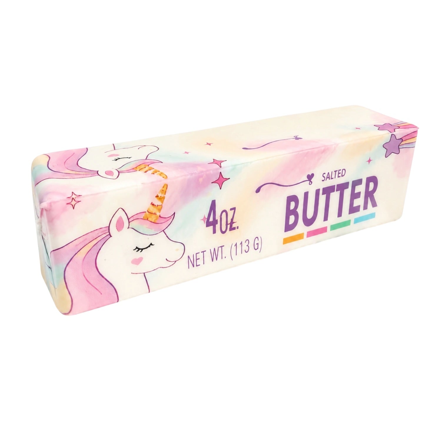 A 4 oz stick of salted butter in a pastel unicorn-themed wrapper, featuring a pink and purple unicorn illustration on a white background.